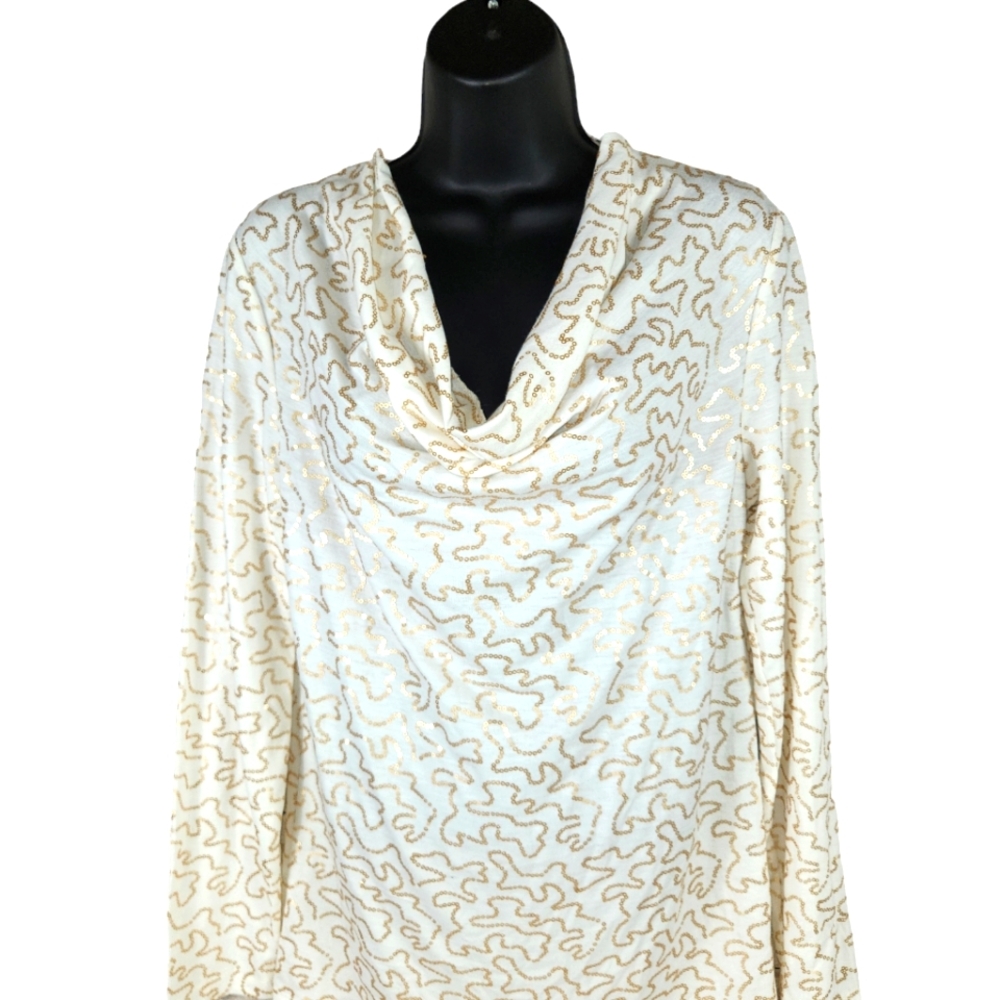 Rafaella, Women's cream and gold hardware, cowl neck, long sleeves, Sz S/CH